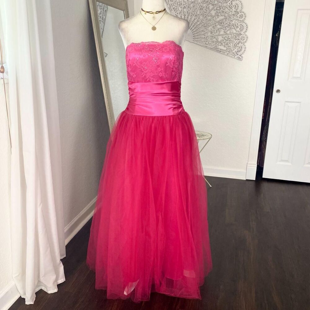 Vintage Ethereal 80s Glam Lace Tulle Strapless Gunne Sax Formal Prom Dress 7/8 S